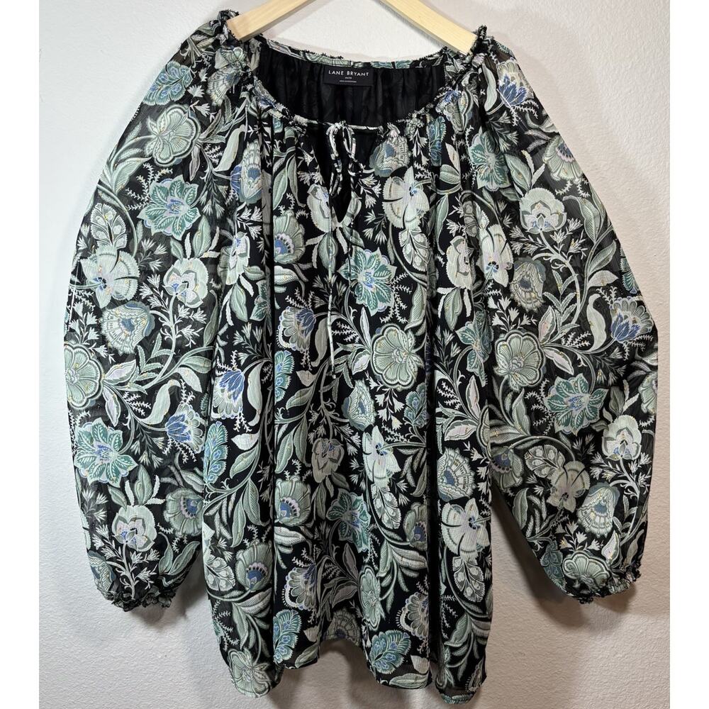 Lane Bryant Lurex Ruffle Detail Floral V-Neck Blouse Sz 26/28 Sheer Chiffon